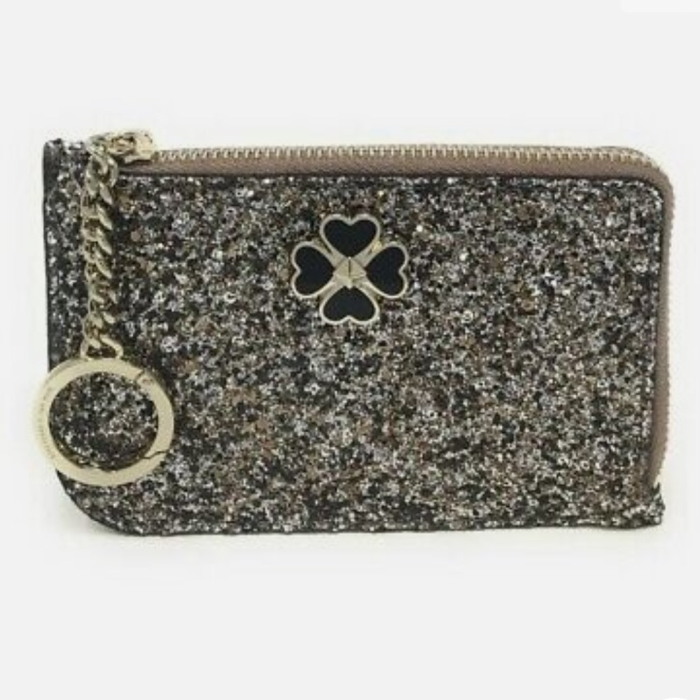 NEW! KATE SPADE Odette Wallet Gold Glitter Black Patent Leather L-Zip Keychain
